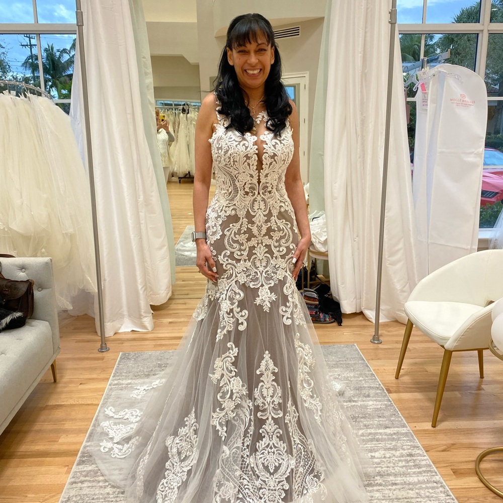 Stella York embroidered lace sheer mocha lined trumpet wedding dress gown